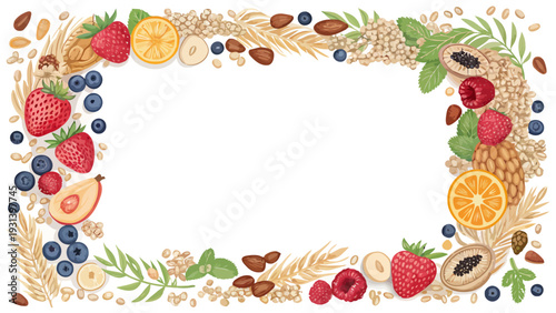 Vibrant healthy food frame with fruits and grains