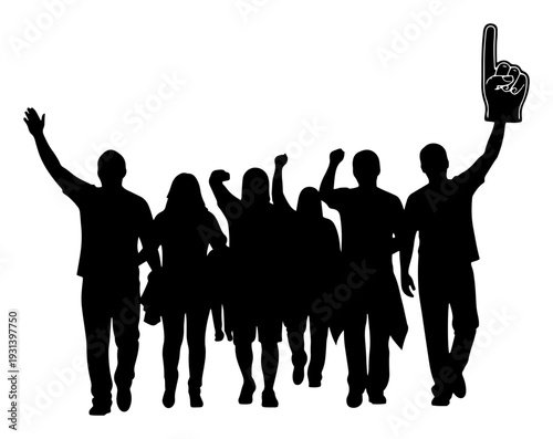 Silhouette of happy sports fans walking together with a foam finger celebrating victory