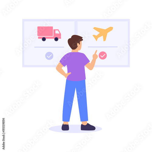 Shipping Method Selection, choosing optimal delivery options, Flat vector character illustration