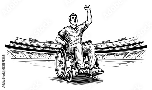 Disabled man in wheelchair celebrating victory in the middle of a large stadium