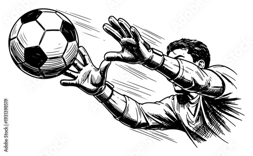 Professional goalkeeper jumping to catch soccer ball in dynamic hand drawn sketch style