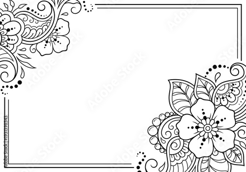 Frame in eastern tradition. Stylized with henna tattoos decorative pattern for decorating covers for book, notebook, casket, magazine, postcard and folder. Flower border in mehndi style.