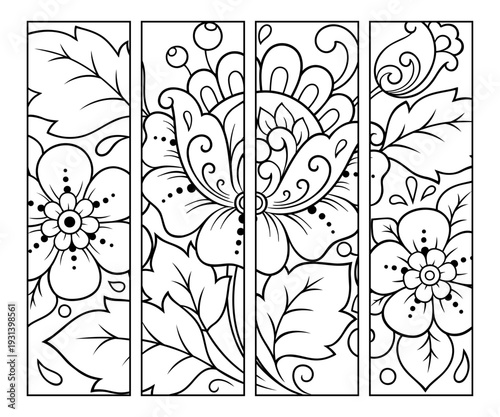 Printable bookmark for book - coloring. Set of black and white labels with flower patterns, hand draw in mehndi style. Sketch of ornaments for creativity of children and adults with colored pencils.