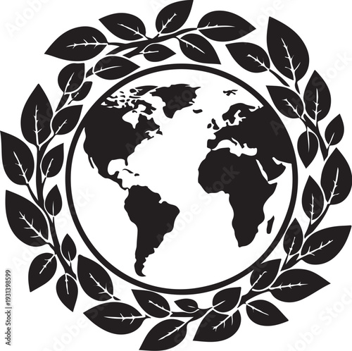 Black and white illustration of earth with laurel wreath