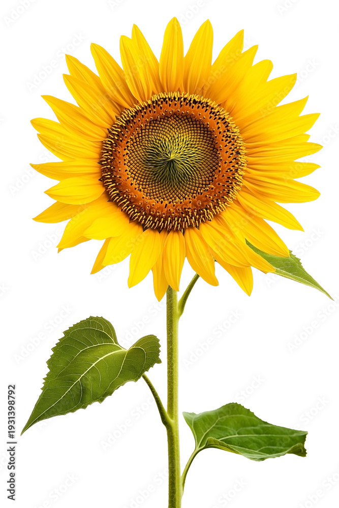 Obraz premium Vibrant Yellow Sunflower with Full Petals and Green Stem Isolated on White