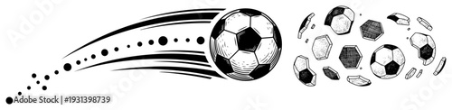 Hand drawn illustration of a soccer ball in motion and ball breaking into pieces