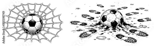 Hand drawn soccer ball hitting goal net and ball surrounded by cleat footprints in mud