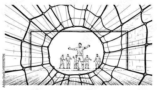 View from inside the soccer goal net with players celebrating a victory on the field