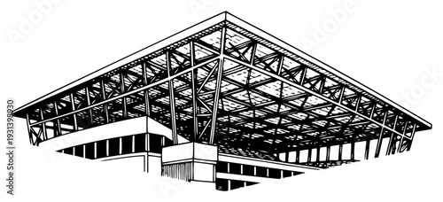 Perspective view of a modern stadium roof truss structure in architectural sketch style