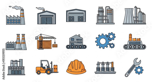 Industrial Icons Factory Equipment Tools.