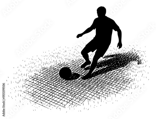 Soccer player silhouette dribbling a ball on a textured field in stylized graphic vector style