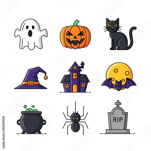 Cute cartoon halloween icons set with pumpkins bats ghosts cats and other spooky elements in vector illustration style