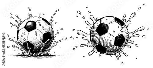 Set of hand drawn soccer balls splashing into water with liquid drops