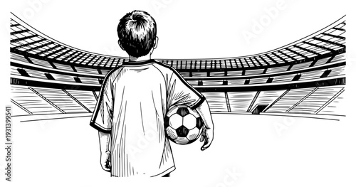 Young boy holding a soccer ball while looking at a massive stadium arena