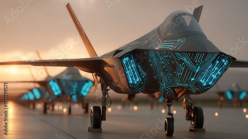 War concept. future stealth fighter jet war aircraft glowing circuit pattern runway sunset, advanced military technology concept art digital illustration