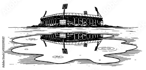 Illustration of a modern football stadium reflected in a puddle of water