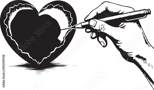 Hand drawing a broken heart with a pencil sketch