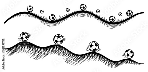 Soccer balls rolling on hills and wavy paths in hand drawn engraved sketch style