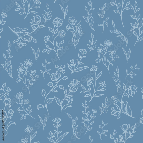 Spring flowers with petals and leaves. Vector illustration. Elements of wild and garden plants, branches, and herbs, seamless pattern isolated on background. Summer, meadow, garden and Easter themes.