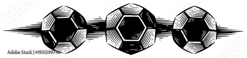 Three soccer balls in a row with dynamic speed lines in engraved style