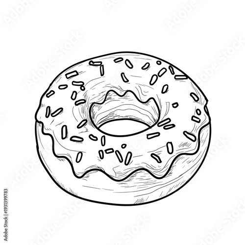 Donut drizzled with gourd, black and white sketch. Vector illustration. Sweet flour pastries, isolated on a white background. For kitchen decor, textile printing, menus, Hand drawn, Not AI