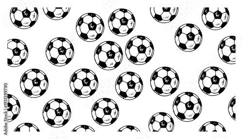 Seamless pattern of multiple soccer balls in different sizes hand drawn sketch style