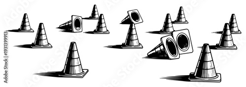 Hand drawn sketch of several traffic cones scattered in perspective