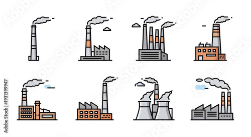 Collection of Industrial Factory Buildings with Smoke Stacks.