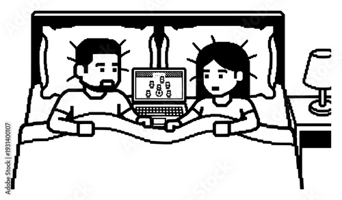 Pixel art illustration of a couple in bed watching a soccer game on a laptop