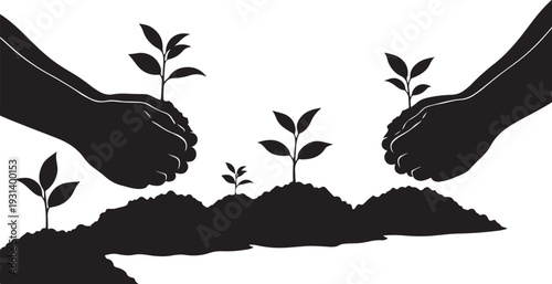 Hands Planting Young Green Seedlings in Fertile Soil Together