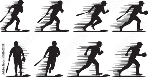Silhouette of baseball players in various running motion poses