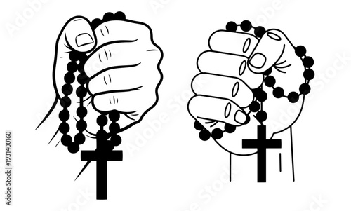 Illustration of hands holding a rosary with a cross for prayer and faith