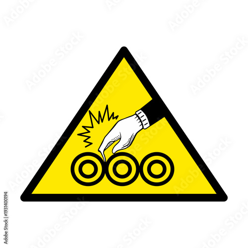 巻き込まれ注意の安全標識（ローラー回転体・軍手着用時の危険・労働災害防止アイコン）：Entanglement hazard warning sign. Rotating machinery roller danger icon for industrial safety.