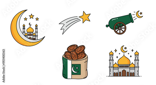 Icon Set Eid Al-Fitr Doodle Clip Art Set Dengan Elemen Perayaan Islam. Koleksi Set Eid Mubarak.