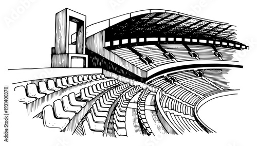 Hand drawn architectural sketch of an empty stadium grandstand and spectator seats