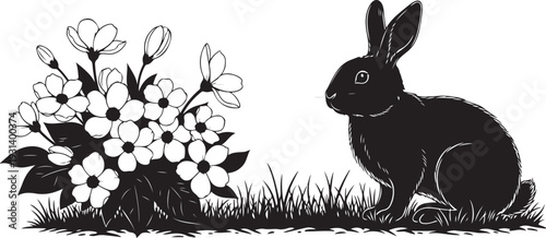 Black rabbit sitting next to white flowers in grass