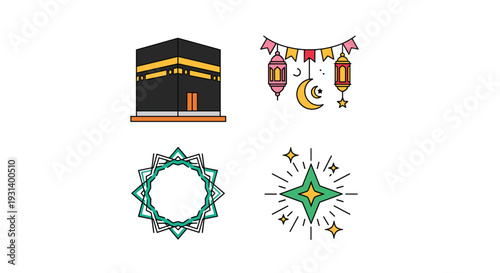 Icon Set Eid Al-Fitr Doodle Clip Art Set Dengan Elemen Perayaan Islam. Koleksi Set Eid Mubarak.