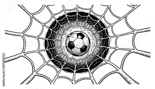 Artistic hand drawn sketch of a soccer ball flying through a spiderweb net perspective