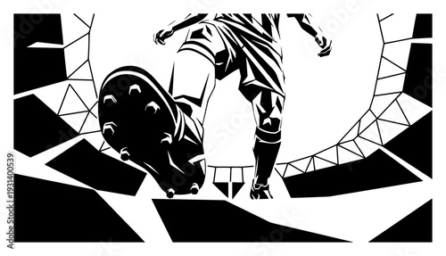 Dynamic soccer action vector with player leg kicking ball through breaking geometric net shards