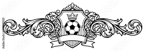 Decorative heraldic soccer emblem with ball crown and ornate baroque floral scrollwork