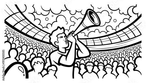 Enthusiastic sports fan blowing a horn in a crowded stadium vector cartoon illustration