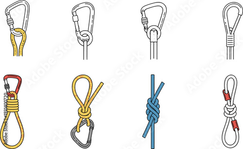 Vector Illustration Set of Climbing Carabiners and Mountaineering Knots Featuring Safety Equipment Ropes and Hardware for Rock Climbing Alpinism and Outdoor Adventure Sports