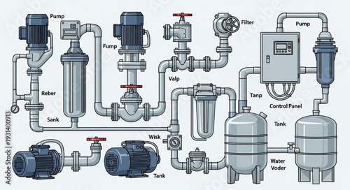 Industrial Water Pump System Diagram with Pipes and Filters.