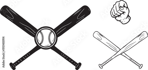 Baseball bats and ball with fist icon illustration set