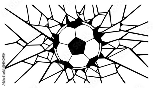 Soccer ball smashing through glass window with sharp shards and cracks