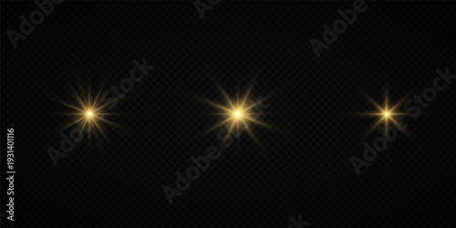 Glowing Golden Star Light Effect with Sparkle Rays and Lens Flare Illumination on Transparent Background