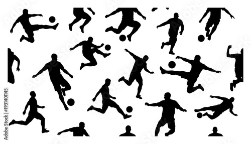 Composition of various soccer player silhouettes performing different football moves and kicks