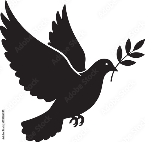 Black dove silhouette with olive branch in beak flying