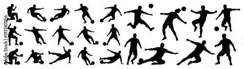 Horizontal banner featuring many small silhouettes of soccer players in diverse action poses