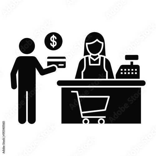 Customer paying cashier with credit card at supermarket checkout counter with cash register and shopping cart icon